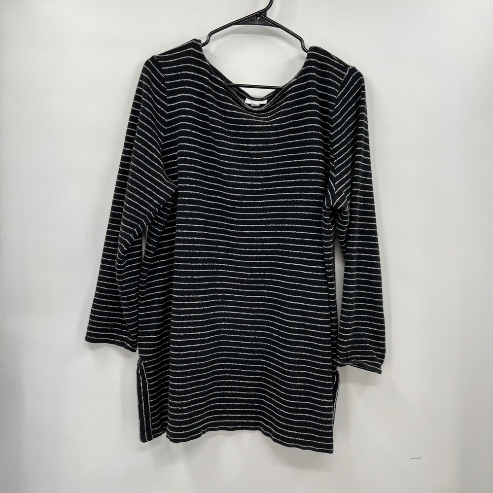 J. Jill XL Tunic Top Womens Black White Striped Cotton Long Sleeve Side Slit